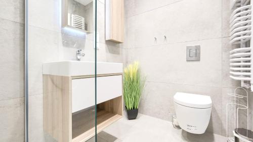 ein Badezimmer mit einem weißen WC und einem Waschbecken in der Unterkunft Apartamenty Sun & Snow Shellter in Rogowo