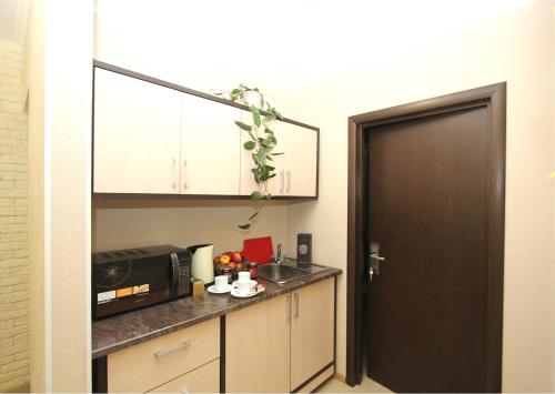 a kitchen with a counter and a microwave and a door at Hotel Dali in Balashikha