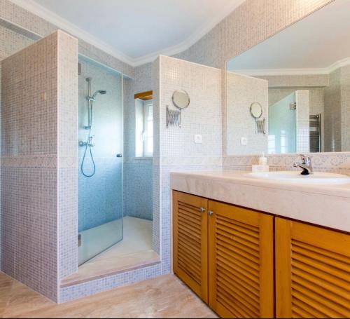 La salle de bains est pourvue d'un lavabo et d'une douche. dans l'établissement Rosa Villa, à Óbidos