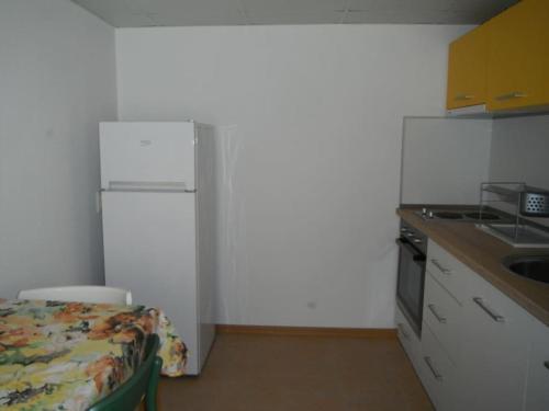 eine kleine Küche mit Kühlschrank und Spüle in der Unterkunft Gradina Apartment in Montana