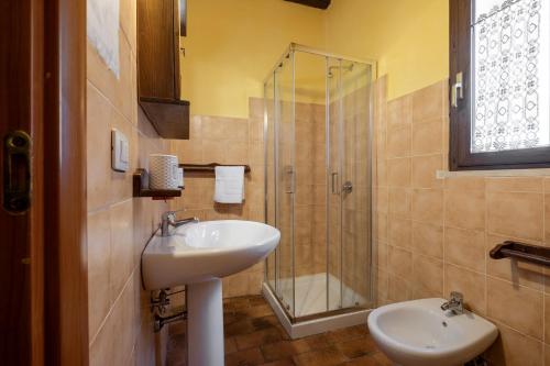 y baño con lavabo y ducha. en Sasso Bianco en Pitigliano