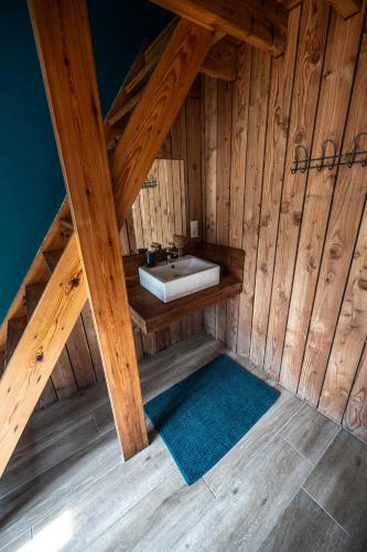 a bathroom with a sink in a wooden room at L'arche De Noé in Dinant