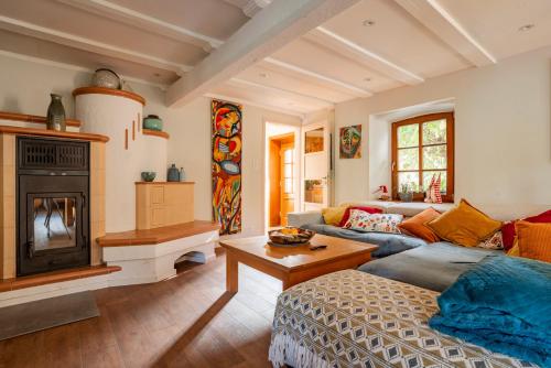 a living room with a couch and a fireplace at Chez Maidi-Balnéo, cheminée, proche Vosges du Nord in Schoenbourg