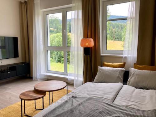 Postel nebo postele na pokoji v ubytování Apartmán SIX v Resortu pod Špičákem
