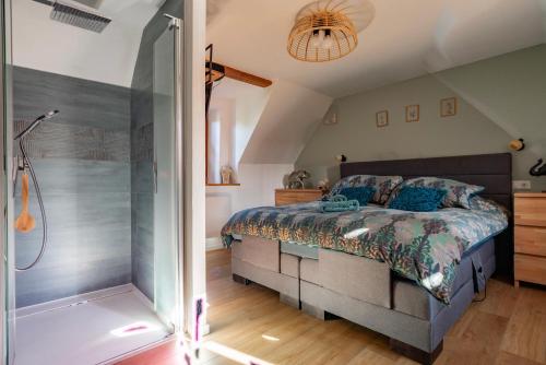 a bedroom with a bed and a shower at Chez Maidi-Balnéo, cheminée, proche Vosges du Nord in Schoenbourg