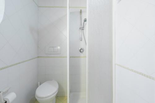 a white bathroom with a shower and a toilet at La Vecchia Fornace La Piastra Apartments shared pool- Abetone in Cutigliano