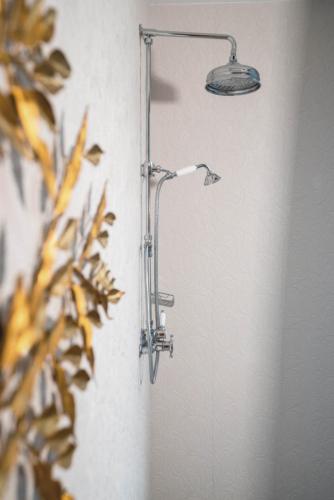 a shower in a bathroom with a light on the wall at Chateau Pont Saint-Martin in Léognan