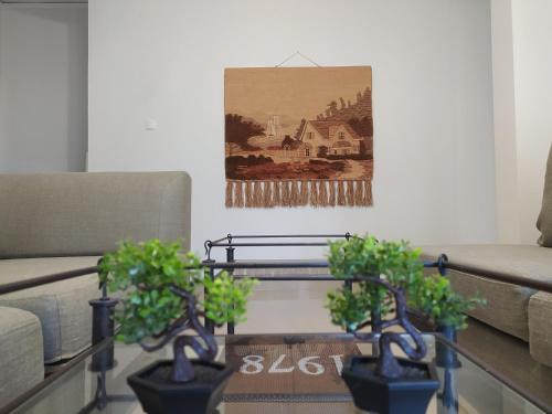 約阿尼納的住宿－Helen's downtown apartment，客厅里设有桌子,上面有盆栽植物