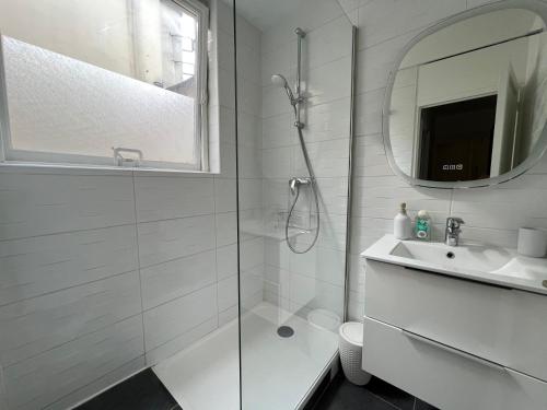 une salle de bain blanche avec une douche et un lavabo dans l'établissement Pompidou, rue Simon le Franc - 4 places, à Paris
