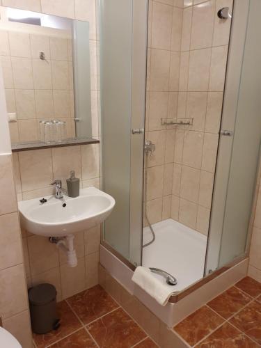 y baño con ducha y lavamanos. en Citylife Rooms, en Mosonmagyaróvár