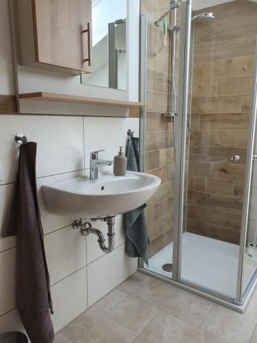 W łazience znajduje się umywalka i prysznic. w obiekcie FeWo Rotter Blick w mieście Rott am Inn