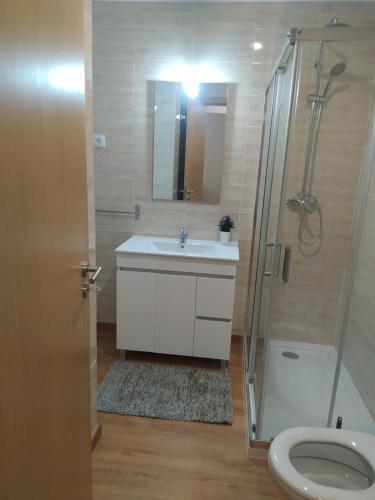 a bathroom with a shower and a sink and a toilet at Mondalva Apartamentos in São Pedro de Alva