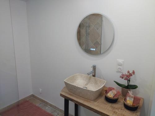 a bathroom with a sink and a mirror at Love Room La parenthèse in Saint-Nexans