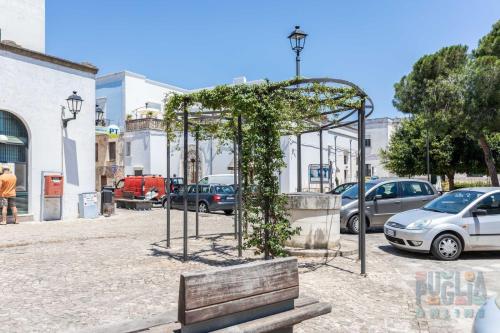 een metalen boog met wijnstokken erop op een parkeerplaats bij Casetta Centro Storico Puglia On line in Alliste