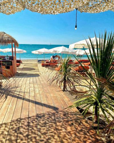 a beach with umbrellas and chairs and the ocean at Appartement 1ere ligne piscine terrasse au bord de la plage front de mer avec 6 vélos in Palavas-les-Flots