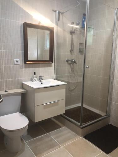 a bathroom with a shower and a toilet and a sink at Caballito de Mar in Roses