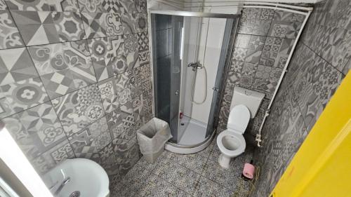 a bathroom with a shower and a toilet and a sink at Gara de Nord-Banat-4-You in Bucharest