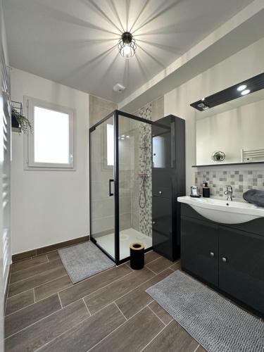 a bathroom with a shower and a sink and a mirror at * Domaine de la Solaie * - Proche Bords de Loire in Saint-Denis-de lʼHôtel