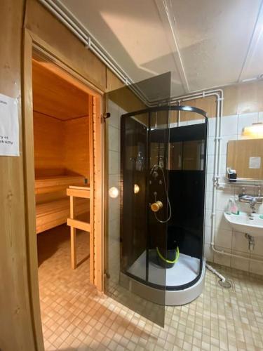 a small bathroom with a shower and a sink at Kotimaailma - Hostel Kivikkotie in Vantaa