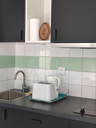 un grille-pain blanc assis sur un comptoir dans une cuisine dans l'établissement Appartement Vue bleu azur, à Sète