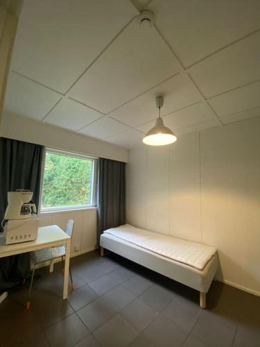 萬塔的住宿－Kotimaailma - Hostel Kivikkotie，客房设有床、书桌和窗户。