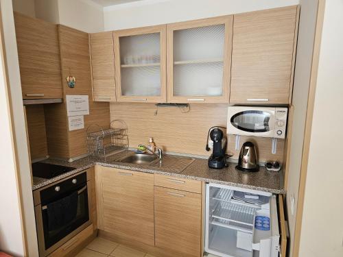 uma pequena cozinha com armários de madeira e um lavatório em Apartment in Borovets Gardens C17 em Borovets