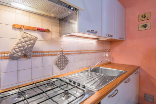 a kitchen with a sink and a stove at Vecchia Fornace La Piastra Agriturismo, with pool, Abetone in Pian degli Ontani