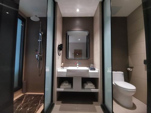 W łazience znajduje się umywalka, toaleta i lustro. w obiekcie Thank Inn Plus Chongqing Pengshui Yujing Jiangshan w mieście Pengshui