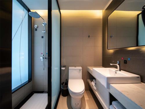 拉薩的住宿－尚客优品西藏拉萨当热东路酒店，一间带卫生间、水槽和镜子的浴室