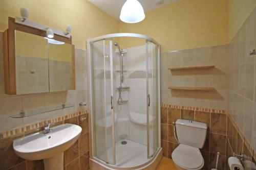 a bathroom with a shower and a sink and a toilet at Les rouchoux l'enclos du belier in La Croisille-sur-Briance
