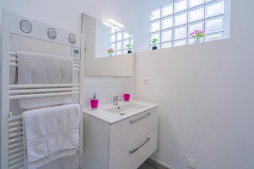 une salle de bain blanche avec un lavabo et un miroir dans l'établissement Room in Toulouse - Studio 2 proche Airbus à TOULOUSE ST Martin du Touch, à Toulouse