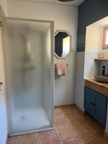 a shower stall in a bathroom with a mirror at Au Petit Faubourg in Grignan