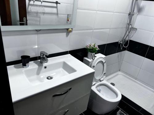 een badkamer met een wastafel, een toilet en een bad bij LUXE Appartement in Dakar