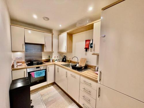 a kitchen with white cabinets and a black refrigerator at Cosy apartment in West London in London