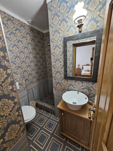 La salle de bains est pourvue d'un lavabo et d'un miroir. dans l'établissement Pensiunea Nobil Medieval, à Sighişoara