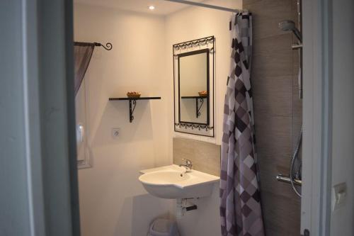 ein Badezimmer mit einem Waschbecken, einem WC und einem Spiegel in der Unterkunft Gîte le Grenier in Murviel
