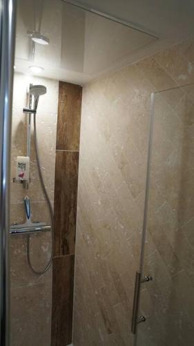 une douche dans une salle de bain avec une porte vitrée dans l'établissement Gîte Pétronille - pied à terre dans le saumurois, à Vernoil