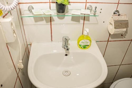 a bathroom with a white sink with a bottle of soap at Occidental Wise Transit in Bucharest