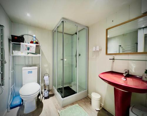 La salle de bains est pourvue d'une douche en verre et d'un lavabo rouge. dans l'établissement Chambre en rez de jardin, à Gland