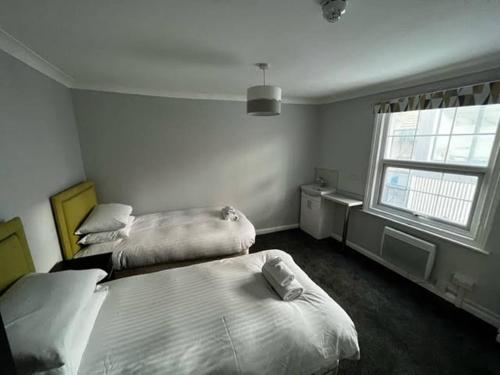 een slaapkamer met 2 bedden en een raam bij Cosy 2-bed Town House In Central Brighton Sleep 4 in Brighton & Hove