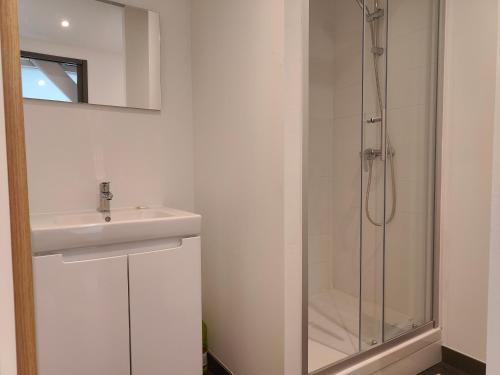une salle de bain blanche avec un lavabo et une douche dans l'établissement L'Envolée - Fibre - Clim - Centre-ville, à Albi