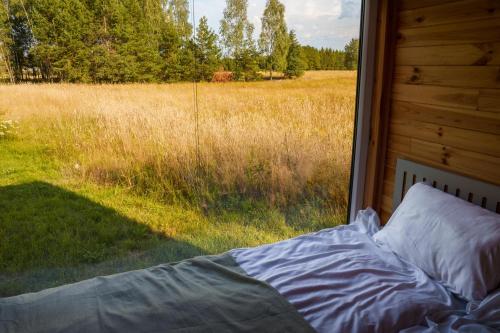 a bed in front of a window looking out at a field at Arche Siedlisko Augustynka 59 