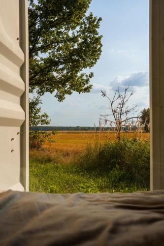 a view of a field from a bedroom window at Arche Siedlisko Augustynka 59 in Nurzec