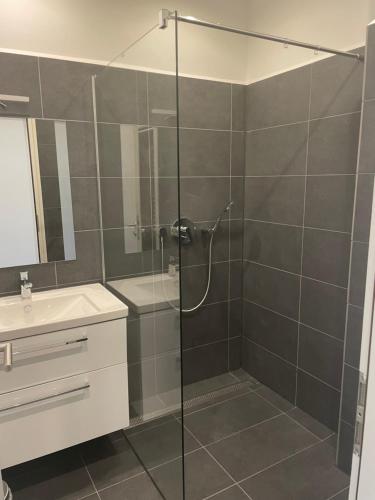 a bathroom with a glass shower and a sink at Appartment in Freizeitpark in Wiesloch