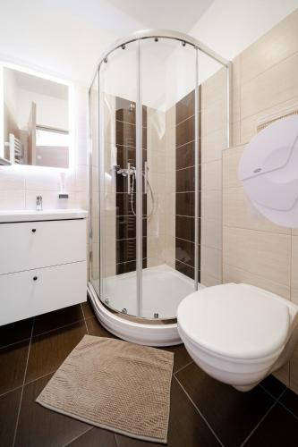 a bathroom with a shower and a toilet and a sink at Pipacs Panír & Grill Garden Vendégház in Győrújbarát