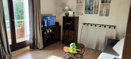 a living room with a couch and a table at Sunny Snow Studio les Orres 1650 in Les Orres