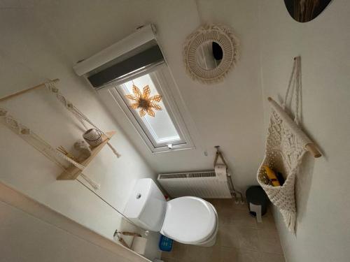 a bathroom with a white toilet and a window at Stijlvol Chalet Lathum in Lathum