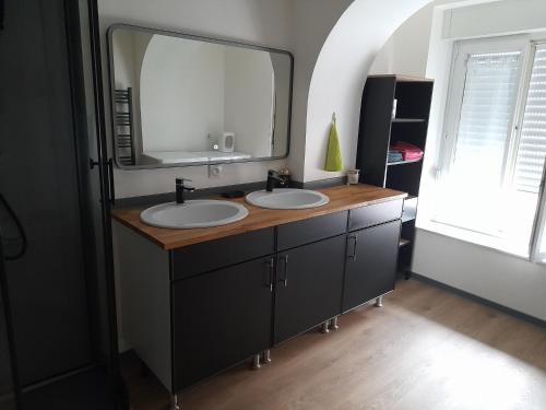 łazienka z 2 umywalkami i dużym lustrem w obiekcie Le gîte lorette w mieście Épinal