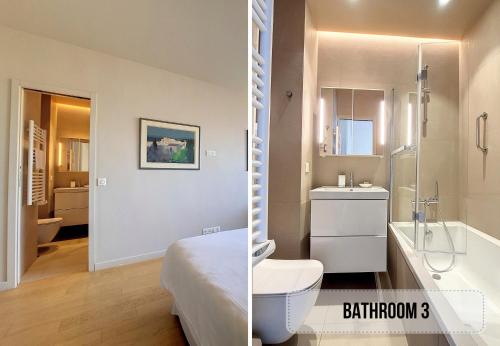 uma casa de banho com uma cama e uma casa de banho com um lavatório e um WC. em Nestor&Jeeves - FLEURS TERRASSE - 3 chambres em Nice
