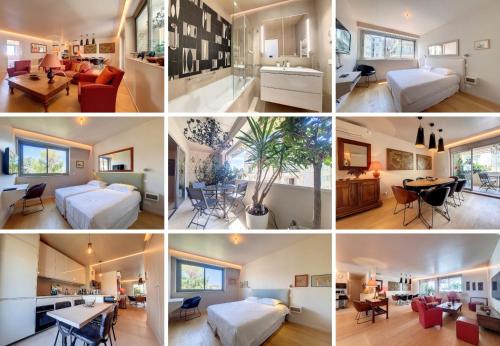 uma colagem de fotos de um quarto e uma sala de estar em Nestor&Jeeves - FLEURS TERRASSE - 3 chambres em Nice